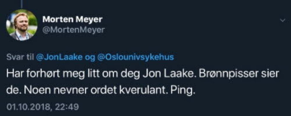 Twittermeldingen fra HR-direktør Morten Meyer ved OUS.
Foto: Skjermdump fra Twitter