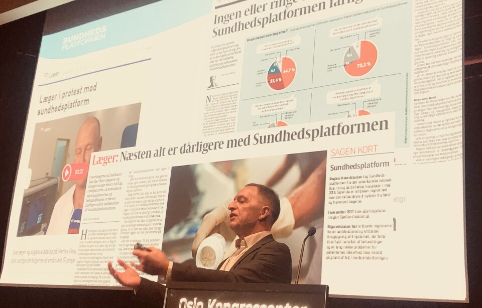 «FALT I IT-GRØFTEN»: – Det var ikke så mye fokus på hva man helt der ute hos pasienten hadde behov for. Det var ikke det at vi ikke hadde snakket om det, men i alt kaoset endte det med at vi falt ned i IT-grøften. Det var en stor feil, sier lederen for den danske Sundhedsplatformen, Leif Panduro Jensen. En av de største feilene de gjorde, var at de ikke involverte klinikerne nok, mener han.
Foto: Anne Grete Storvik «FALT I IT-GRØFTEN»: – Det var ikke så mye fokus på hva man helt der ute hos pasienten hadde behov for. Det var ikke det at vi ikke hadde snakket om det, men i alt kaoset endte det med at vi falt ned i IT-grøften. Det var en stor feil, sier lederen for den danske Sundhedsplatformen, Leif Panduro Jensen. En av de største feilene de gjorde, var at de ikke involverte klinikerne nok, mener han.
Foto: Anne Grete Storvik