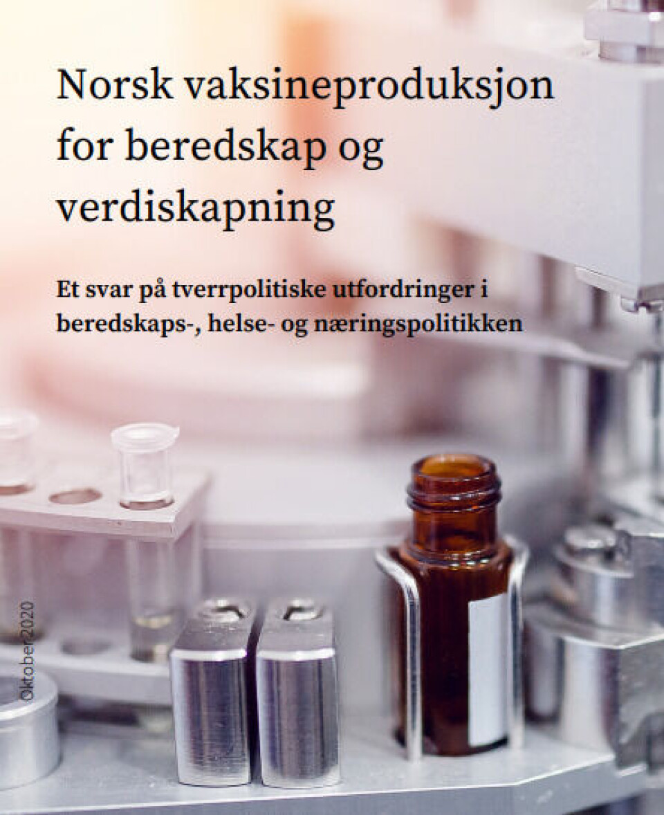 Rapporten Norsk vaksineproduksjon for beredskap og verdiskaping, fra NHO, LMI, LO, Norsk Industri, Industri Energi og KLP.
Foto: skjermbilde Rapporten Norsk vaksineproduksjon for beredskap og verdiskaping, fra NHO, LMI, LO, Norsk Industri, Industri Energi og KLP.
Foto: skjermbilde