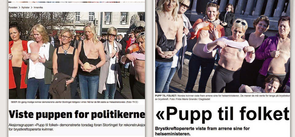 AKSJON: Etter at brystkreftrammede kvinner viste arrene sine utenfor Stortinget i 2012, kom ekstrabevilgninger til rekonstruksjoner. Nå viser en studie at slike sene inngrep kan vekke til live «sovende kreftceller» og dermed trigge tilbakefall. Skjermdump fra TV2.no (t.v.) og Dagbladet 1. mars 2012 Foto: AKSJON: Etter at brystkreftrammede kvinner viste arrene sine utenfor Stortinget i 2012, kom ekstrabevilgninger til rekonstruksjoner. Nå viser en studie at slike sene inngrep kan vekke til live «sovende kreftceller» og dermed trigge tilbakefall. Skjermdump fra TV2.no (t.v.) og Dagbladet 1. mars 2012 Foto:
