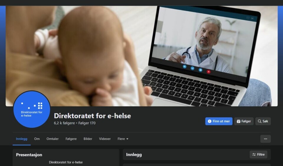 AVVIKLES: Direktoratet for e-helse har konkludert med at Facebook ikke er en velegnet plattform for å nå de målgruppene de ønsker å nå, og siden avvikles snarlig. Foto: Skjermdump Foto: AVVIKLES: Direktoratet for e-helse har konkludert med at Facebook ikke er en velegnet plattform for å nå de målgruppene de ønsker å nå, og siden avvikles snarlig. Foto: Skjermdump Foto: