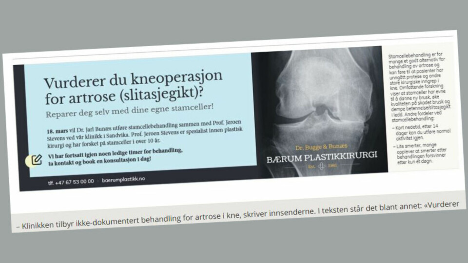 LOVBRUDD: Denne annonsen var i strid med helsepersonelloven §13, som stiller krav om at markedsføring av helse- og omsorgstjenester skal være «forsvarlig, nøktern og saklig», har Statsforvalteren i Oslo og Viken konkludert. Faksimilie: Budstikka Foto: