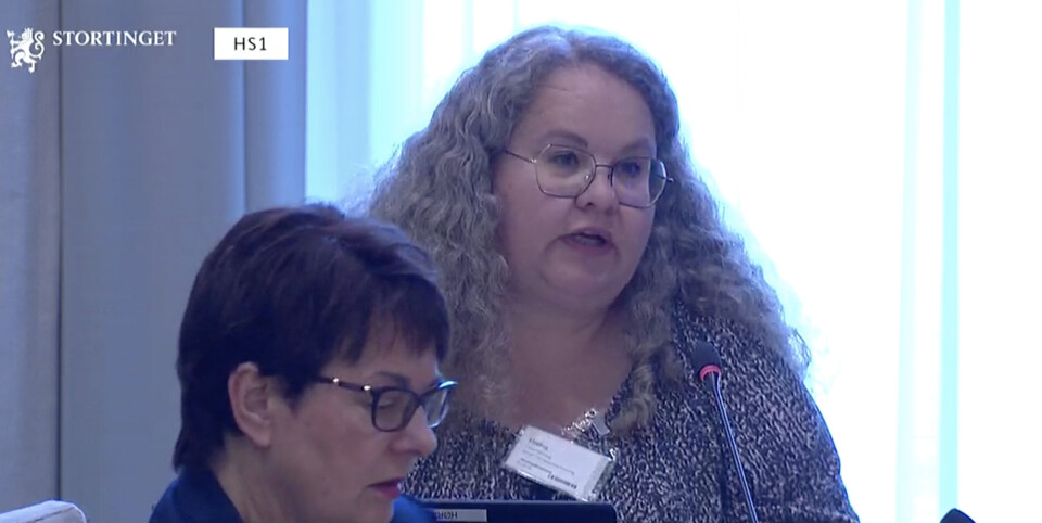 Rønnaug Larsen, leder i Norges Farmaceutiske Forening, under stortingshøringen om Helsenæringsmeldingen. Skjermdump: Stortinget.no Foto: