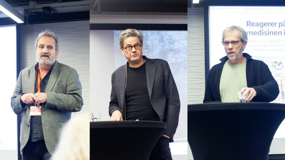 UTFORDRING MED SMERTESTILLENDE: Fra venstre: Overlege og professor Petter Borchgrevink (St Olavs/NTNU), overlege Sigurd Hortemo (SLV) og NRK-journalist Tormod Strand diskutere oksykodon og opioid-misbruk i USA og i Norge under Farmaasidagene. Alle bilder i montasje: Lars Brock Nilsen Foto: UTFORDRING MED SMERTESTILLENDE: Fra venstre: Overlege og professor Petter Borchgrevink (St Olavs/NTNU), overlege Sigurd Hortemo (SLV) og NRK-journalist Tormod Strand diskutere oksykodon og opioid-misbruk i USA og i Norge under Farmaasidagene. Alle bilder i montasje: Lars Brock Nilsen Foto: