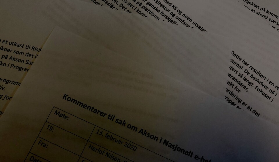 KRITIKK: IKT-direktørene i de fire RHF-ene fremfører i et internt notat som Dagens Medisin har fått i hende, en lang liste med kritikk mot Direktoratet for e-helses prestisjeprosjekt Akson - en felles kommunal journal og samhandlingsløsning for kommunene. Det er beregnet til å koste over 11 milliarder kroner. Foto: KRITIKK: IKT-direktørene i de fire RHF-ene fremfører i et internt notat som Dagens Medisin har fått i hende, en lang liste med kritikk mot Direktoratet for e-helses prestisjeprosjekt Akson - en felles kommunal journal og samhandlingsløsning for kommunene. Det er beregnet til å koste over 11 milliarder kroner. Foto: