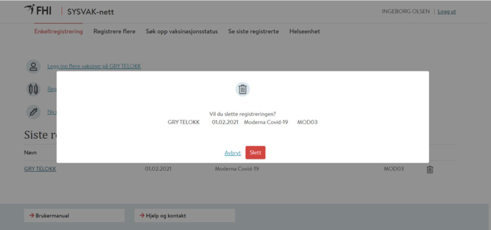 Skjermdump fra Folkehelseinstituttet sin forklaring av hvordan man kan slette oppføringer i SYSVAK. Foto: