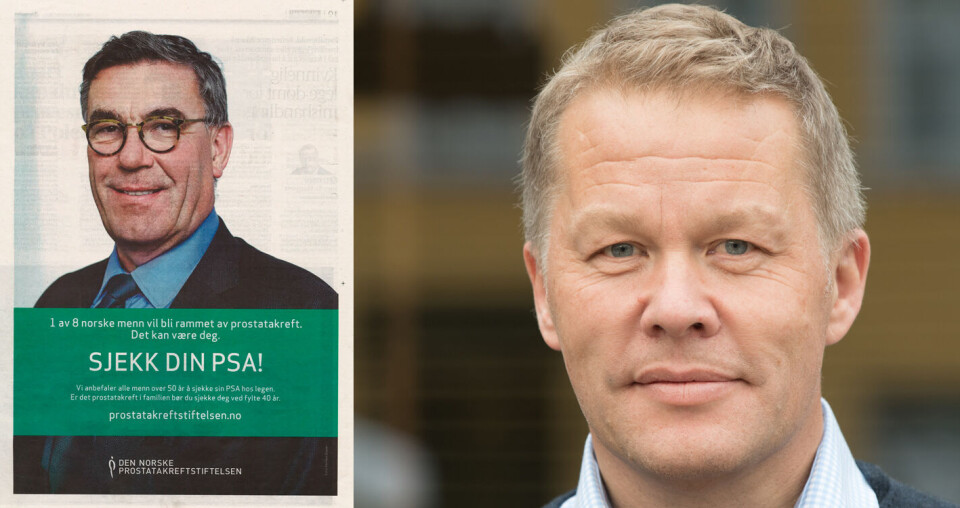 FEIL BUDSKAP: – Med vår kunnskap i dag er det grunn til å avstå fra PSA testing på friske menn, sier Petter Brelin, leder av Norsk forening for allmennmedisin, om oppfordringen fra Prostatakreftstiftelsen. Foto: Faksimile av annonse i Aftenposten 3. november/Per Corneliussen Foto: