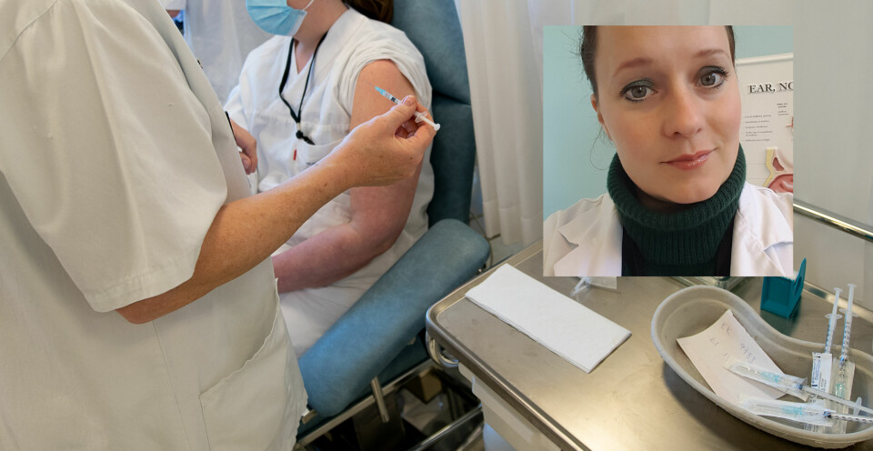 VIL UTREDE: Marie Alnæs (innfelt) og kollegene ønsker å få henvist personer som har reagert etter å ha fått reaksjoner på koronavaksine. På bildet: Helsepersonell blir vaksinert med koronavaksine. Foto: Montasje