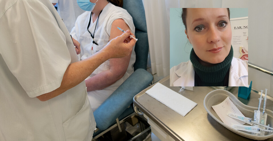 VIL UTREDE: Marie Alnæs (innfelt) og kollegene ønsker å få henvist personer som har reagert etter å ha fått reaksjoner på koronavaksine. På bildet: Helsepersonell blir vaksinert med koronavaksine. Foto: Montasje VIL UTREDE: Marie Alnæs (innfelt) og kollegene ønsker å få henvist personer som har reagert etter å ha fått reaksjoner på koronavaksine. På bildet: Helsepersonell blir vaksinert med koronavaksine. Foto: Montasje