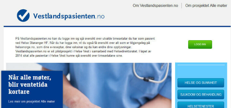 NY NETTLØSNING: Vestlandspasienten ble lansert 27. januar. Foto: Skjermdump fra vestlandspasienten.no