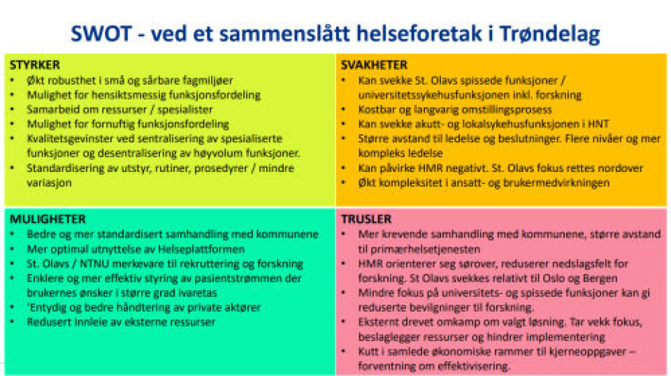 Fra oppsummeringen fra prosjektgruppa til styret i Helse Midt-Norge. Fra oppsummeringen fra prosjektgruppa til styret i Helse Midt-Norge.