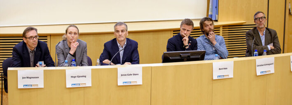 Debattpanelet: Jon Magnussen, Hege Gjessing, Jonas Gahr Støre, Bent Høie, Christian Grimsgaard og Ivar Sønbø Kristiansen. Foto: Rune Thorstein