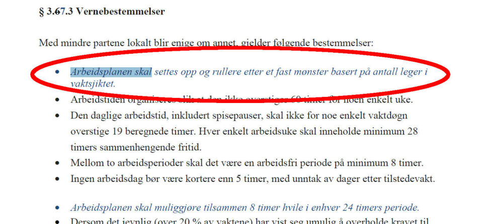 STRIDENS KJERNE: Legeforeningen ønsker setningen markert i rødt inn i avtalen med Spekter, noe Spekter nekter. Bildet er hentet fra Legeforeningens dokument om krav i forhandlingene. Foto: STRIDENS KJERNE: Legeforeningen ønsker setningen markert i rødt inn i avtalen med Spekter, noe Spekter nekter. Bildet er hentet fra Legeforeningens dokument om krav i forhandlingene. Foto: