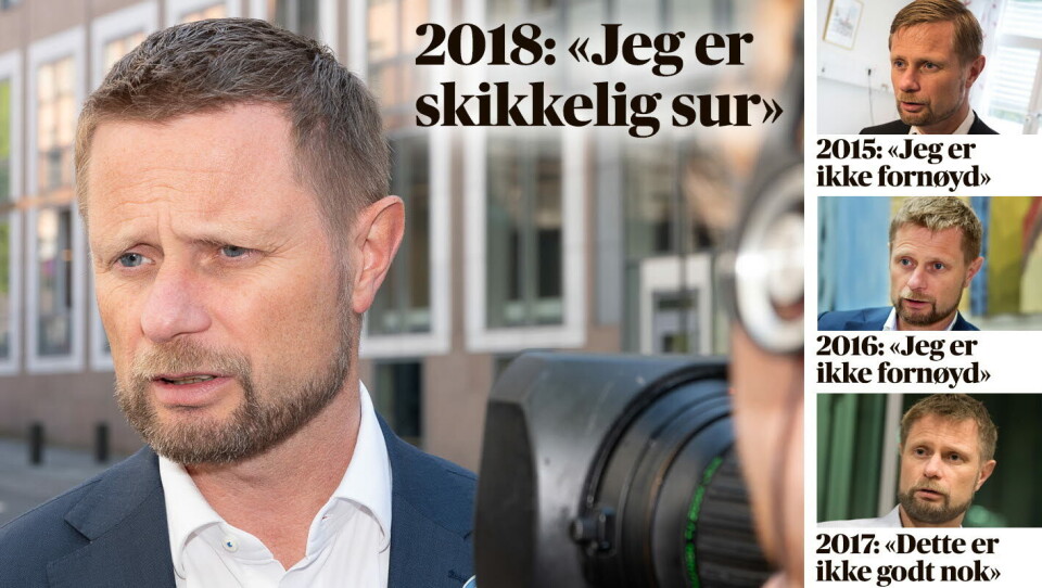 Helseminister Bent Høie (H) har gjentatte ganger gitt sykehusene streng beskjed om at psykisk helse og rus skal prioriteres høyere enn somatikken. Til dels greier sykehusene dette når det gjelder tverrfaglig spesialisert rusbehandling, men ikke når det gjelder psykisk helse. Illustrasjon: Cecilie Heltberg Foto: Helseminister Bent Høie (H) har gjentatte ganger gitt sykehusene streng beskjed om at psykisk helse og rus skal prioriteres høyere enn somatikken. Til dels greier sykehusene dette når det gjelder tverrfaglig spesialisert rusbehandling, men ikke når det gjelder psykisk helse. Illustrasjon: Cecilie Heltberg Foto: