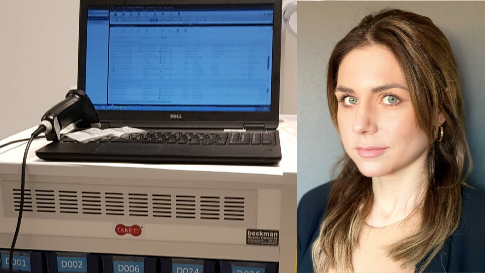 Førsteforfatter av studien, Alma Mulac og tralle med datamaskin tilknyttet skanner som brukes i arbeidet. Foto: Sykehuset Østfold Kalnes / privat Førsteforfatter av studien, Alma Mulac og tralle med datamaskin tilknyttet skanner som brukes i arbeidet. Foto: Sykehuset Østfold Kalnes / privat