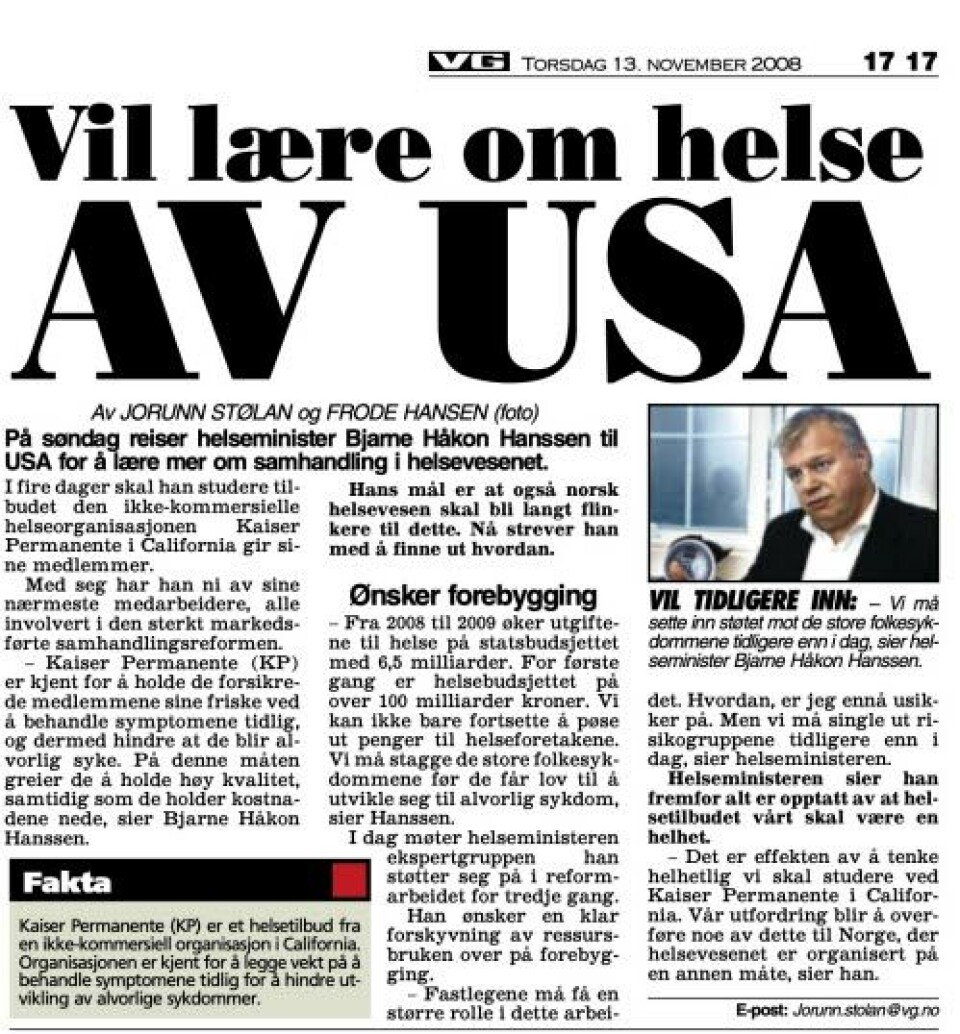 Faksimile: VGs omtale av turen til California i 2008. Faksimile: VGs omtale av turen til California i 2008.