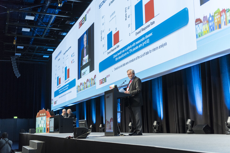 POSITIVE FUNN: – Et paradigmeskifte i behandlingen av metastatisk HR-positiv brystkreft, sa førsteforfatter og professor Gabriel Hortobagyi ved University of Texas under presentasjonen i København. Foto: ESMO