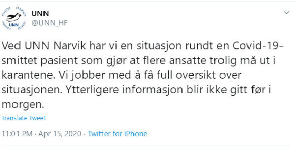 SITUASJON: En situasjon har oppstått rundt en Covid-19-pasient. Foto: Skjermbilde Twitter SITUASJON: En situasjon har oppstått rundt en Covid-19-pasient. Foto: Skjermbilde Twitter