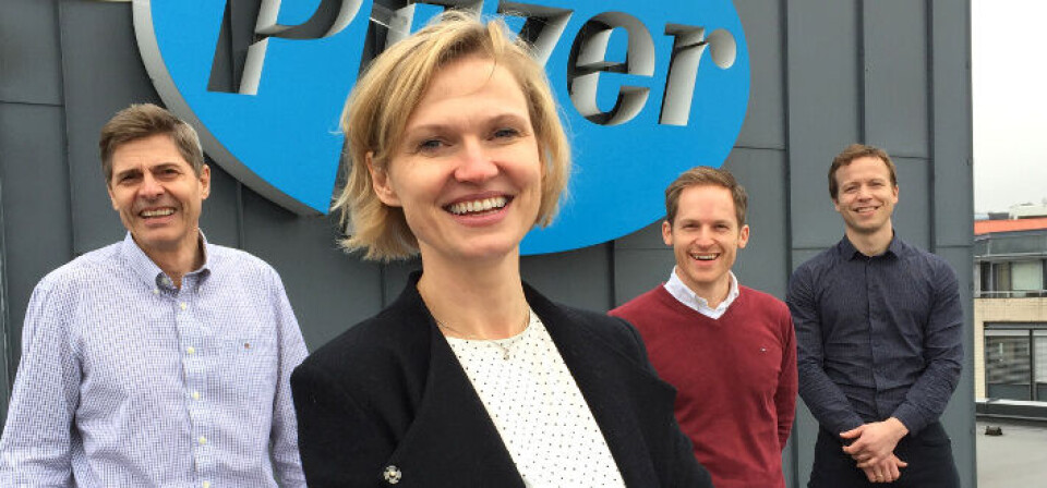 PFIZER PÅ TOPP: Noen av bidragsyterne til Pfizers satsing på arbeidsmiljøet er (f.v.) Pål Rydstrøm, Sissel Lønning Andresen, Glenn Osnes og Morten Tangnes. Foto: Joachim Henriksen, Pfizer
