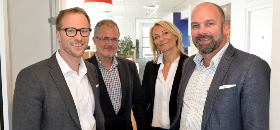 SATSER I NORGE: Daglig leder André Bregård (f.v.), direktør for markedstilgang Jan Marcus Sverre, produktsjef Therese Cordt-Hansen og salgsdirektør Kent Sundal i det norske datterselskapet til den danske diabetesgiganten Novo Nordisk. Foto: Novo Nordisk