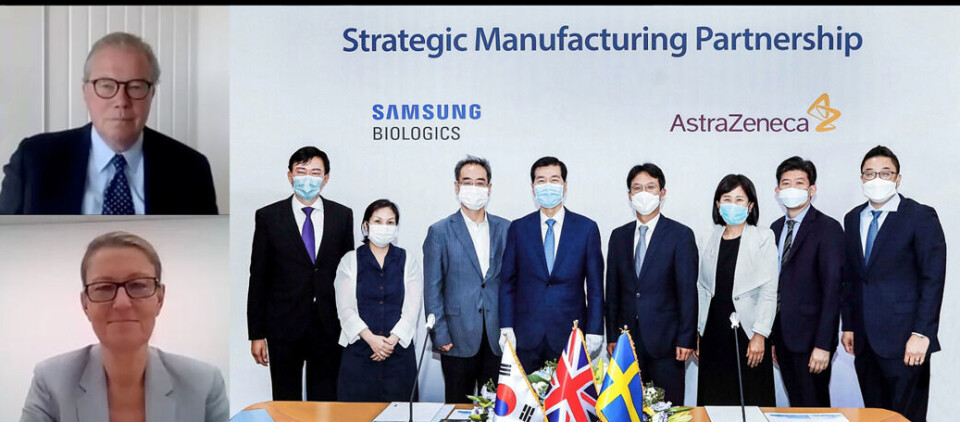 SIGNERING: Intensjonsavtalen ble signert i Incheon, Sør-Korea i juni. Her deltok representanter fra begge selskap. Leif Johansson, styreleder AstraZeneca, og Margareta Ozolins Nordvall, regional vise-president for Asia AstraZeneca, deltok via link. Foto: Pressemelding. Foto: