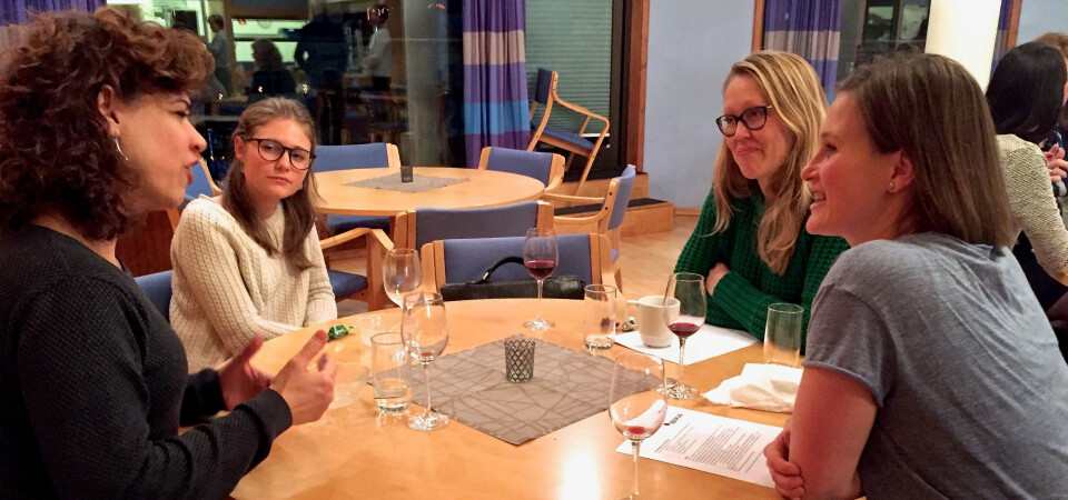 Fra venstre: Sayeh Ahrabi fra Legemiddelverket (mentor), Victoria Jeaninne Valerón Bergh, Eirin Berge Steinshamn og Kristi Henjum, under midtevalueringstreffet til mentorordningen i januar. Foto: Hege Helm