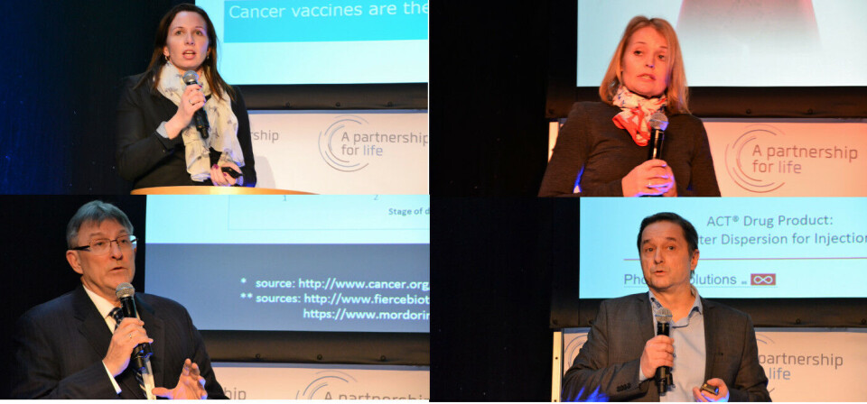 Agnethe Fredriksen fra Vaccibody (øverst fra venstre), Tone Kvåle i Nordic nanovector, Jan A. Alfheim fra Oncoinvent og Per Christian Sontum fra Phenix Solutions presenterte alle sine innovasjoner undr Oslo Life Science. Foto: Vilde S. Baugstø