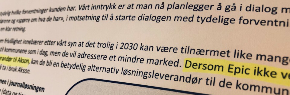 OMSTRIDT KOMMUNAL JOURNAL: «Dersom Epic ikke velges som hovedleverandør til Akson, kan de bli en betydelig alternativ løsningsleverandør til de kommunene som ikke velger å ta i bruk Akson», heter det i kvalitetssikringsrapporten om journalprosjektet Akson. – En uheldig formulering som er problematisk hvis den skrives av en oppdragsgiver i anskaffelses-sammenheng, sier nemndsmedlem i KOFA, Marianne Dragsten. Foto: OMSTRIDT KOMMUNAL JOURNAL: «Dersom Epic ikke velges som hovedleverandør til Akson, kan de bli en betydelig alternativ løsningsleverandør til de kommunene som ikke velger å ta i bruk Akson», heter det i kvalitetssikringsrapporten om journalprosjektet Akson. – En uheldig formulering som er problematisk hvis den skrives av en oppdragsgiver i anskaffelses-sammenheng, sier nemndsmedlem i KOFA, Marianne Dragsten. Foto: