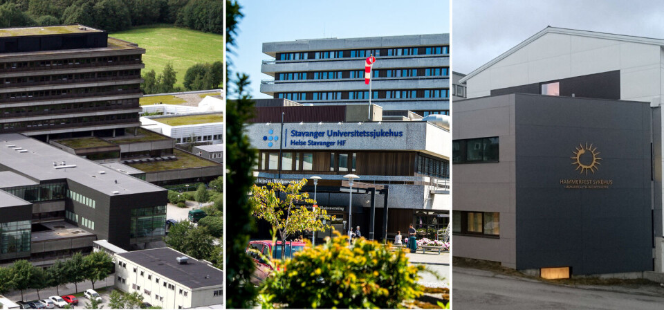 DELTE MENINGER: Førde sentralsjukehus (t.v.), Stavanger universitetssykehus og Hammerfest sykehus er blant sykehusene som har uttrykt sin mening om tallet på abortnemnder. Foto: Helse Førde/Helse Stavanger/Finnmarkssykehuset Foto: