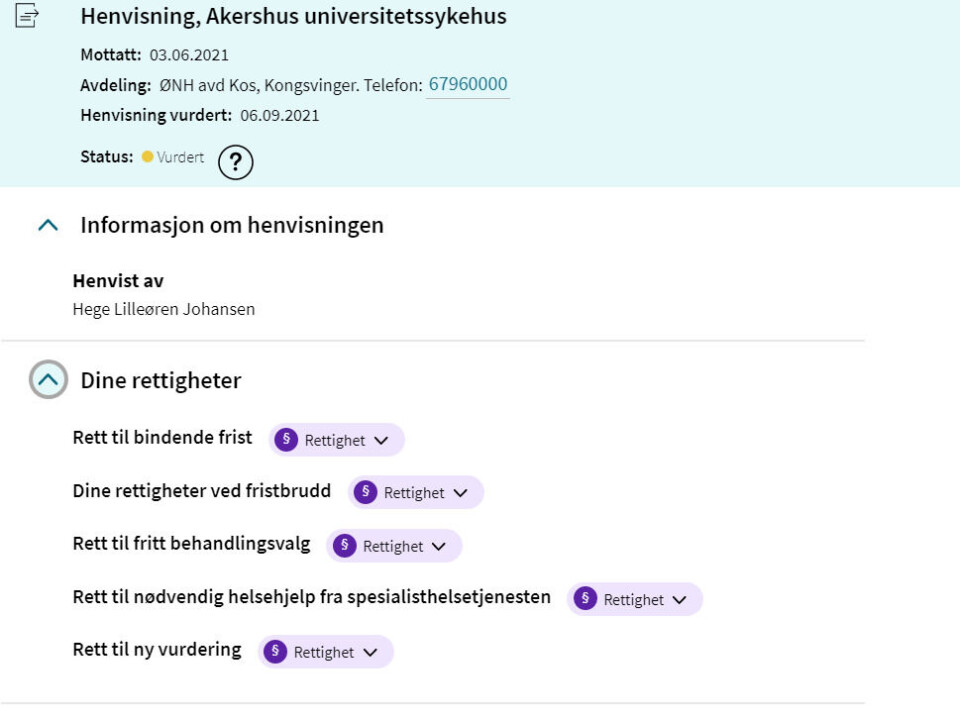 EKSEMPEL: Skjermdump av en testside fra den nye henvisningsoversikten på Helsenorge. Foto: Sykehuspartner