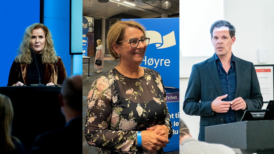 FULGTE EVALUERINGEN: Karita Bekkemellem i LMI, Tone Wilhelmsen Trøen (H) i helse- og omsorgskomiteen og Daniel Heinrich i Norsk onkologisk forening fulgte fremleggelsen av evalueringsrapporten av Nye metoder i Marmorhallen. Foto: