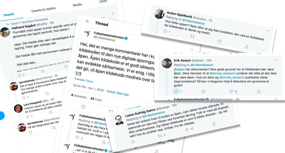 KRITIKK: Skjermbilder av twittermeldinger om hvorvidt appen bør benytte åpen kildekode. Foto: KRITIKK: Skjermbilder av twittermeldinger om hvorvidt appen bør benytte åpen kildekode. Foto: