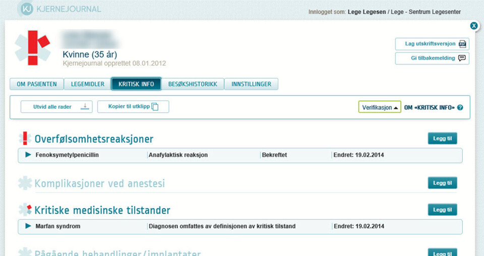 KJERNEJOURNAL: Eksempel på fanen med kristisk informasjon i kjernejournal. Skjermbilde fra Direktoratet for e-helse. Foto: