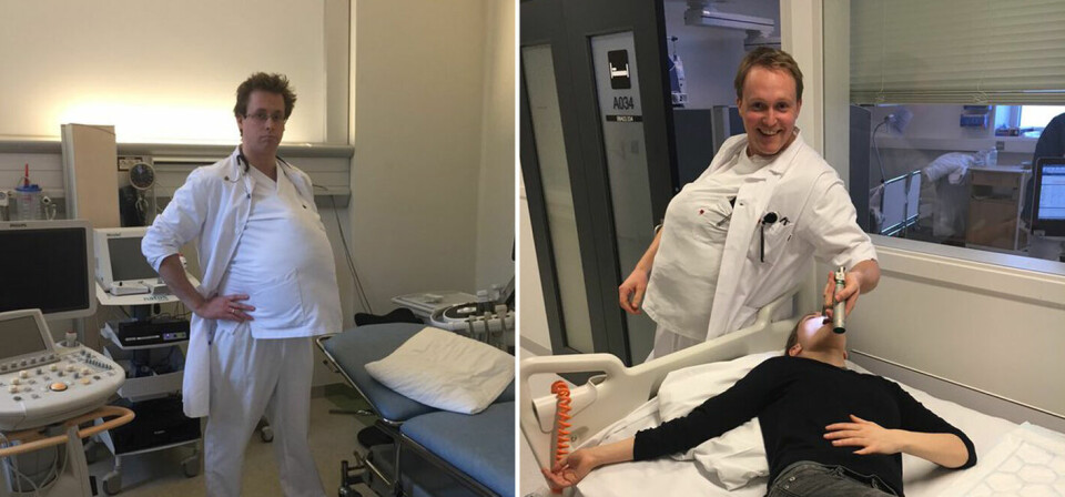INTUBERING I 8. MÅNED: Utstyrt med pute på magen ønsker legene Christopher Kvistad (t.v.) og Sven Olav Løstgård helseministeren og Spekter-lederen velkommen på vakt.  Foto: