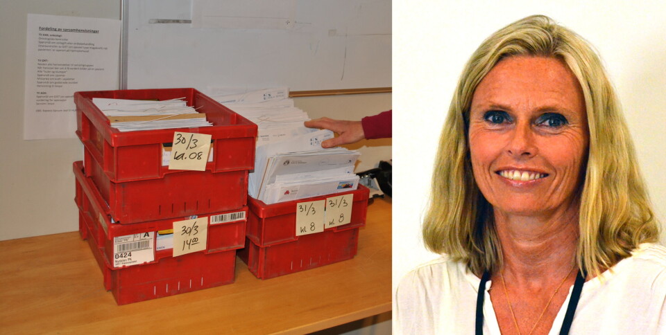 PAPIR I HELSE SØR-ØST: Viseadministrerende direktør ved OUS, Lisbeth Sommervoll, sier de frykter at pasientopplysninger skannes inn i feil journal. Derfor må tusenvis av pasientdokumenter returneres til sykehusene, slik de kom, via posten. Sentralt henvisningsmottak får flere kasser med pasientdokumenter hver dag. Foto: Anne Grete Storvik/OUS