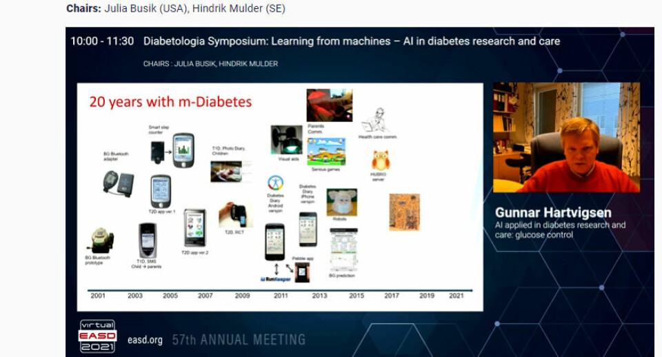 UTVIKLING: I sitt foredrag på EASD-kongressen viste Gunnar Hartvigsen til at det har skjedd en teknologisk utvikling av utstyret som brukes innen diabetes-feltet. Men professoren tror fortsatt det er mer å gå på. Foto: Skjermbilde/EASD 2021