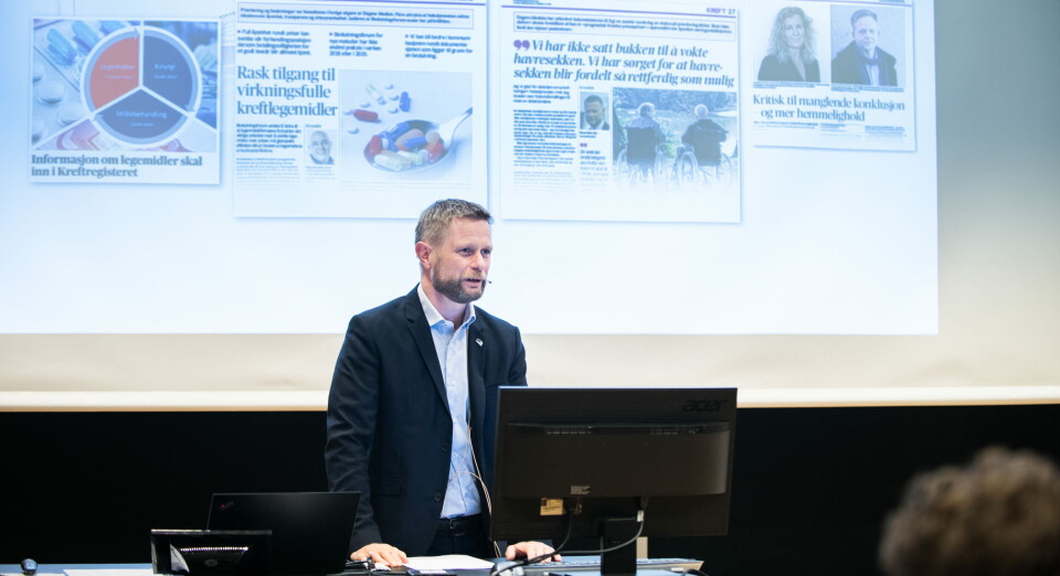 HAR PENGER: – Uavhengig av at vi har et nasjonalt helsebudsjett, så må vi ha denne diskusjonen, sa Bent Høie i sitt innlegg om prioritering, som han holdt på Dagens Medisins seminar om kreft torsdag ettermiddag. Foto: Vidar Sandnes