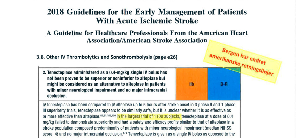 LAGT FREM PÅ KONGRESS: Faksimile fra presentasjonen på International Stroke Conference i Los Angeles – med Bergensforskerne egne «intern-PR-kommentarer» i gul boks. Foto: