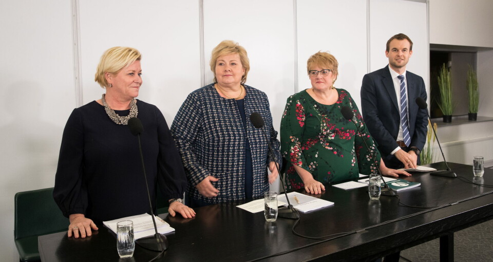 NY REGJERING: Siv Jensen, Erna Solberg, Trine Skei Grande og Kjell Ingold Ropstad representerer den nye flertallsregjeringen. Terje Bendiksby / NTB scanpix Foto: