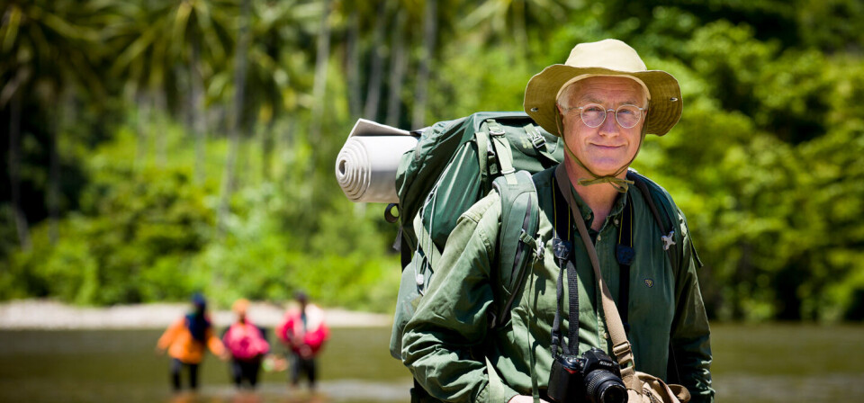 REISELEGE: Gunnar Hasle kan ikke markedsføre resultatene av forskningsprosjektet han har ledet i forbindelse med salg av kosttilskudd. Her avbildet i regnskogen i Sulawesi. Foto: privat, Bo Mathisen REISELEGE: Gunnar Hasle kan ikke markedsføre resultatene av forskningsprosjektet han har ledet i forbindelse med salg av kosttilskudd. Her avbildet i regnskogen i Sulawesi. Foto: privat, Bo Mathisen