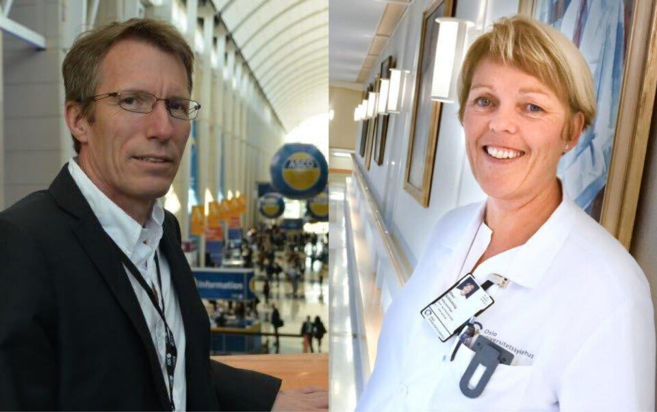 HÅPER PÅ MER INFO: Bjørn Naume, overlege og professor, avdeling for kreftbehandling (OUS) og leder i Norsk brystkreftgruppe (NBCG) og Ellen Schlichting, seksjonsoverlege, avdeling for kreftbehandling (OUS) og nestleder i NBCG håper studien fra Kreftregisteret følges opp videre. Foto: montasje