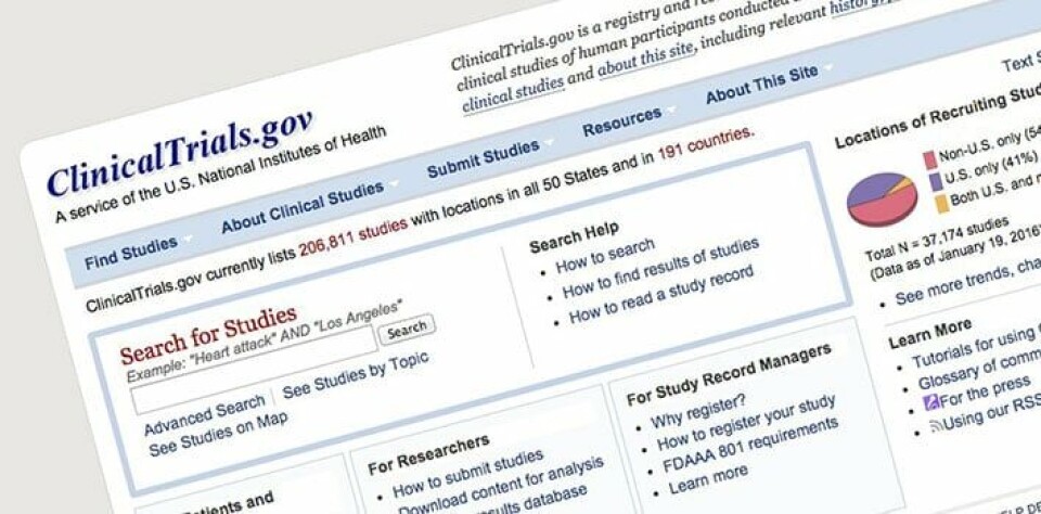 Alle kliniske studier skal registreres i ClinicalTrials.gov før de kan starte, men det finns unntak. Foto: Skjerdump/Dagens Pharma Alle kliniske studier skal registreres i ClinicalTrials.gov før de kan starte, men det finns unntak. Foto: Skjerdump/Dagens Pharma