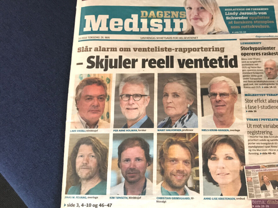 For ett år siden avdekket Dagens Medisin at pasienter strykes fra de offisielle ventelistene på sykehusene, før de har fått behandling. Fagfolkene slo alarm om venteliste-rapporteringen, som de mener skjuler de relle ventelistene. Foto: Faksimile Dagens Medisin 26.mai 2016 For ett år siden avdekket Dagens Medisin at pasienter strykes fra de offisielle ventelistene på sykehusene, før de har fått behandling. Fagfolkene slo alarm om venteliste-rapporteringen, som de mener skjuler de relle ventelistene. Foto: Faksimile Dagens Medisin 26.mai 2016