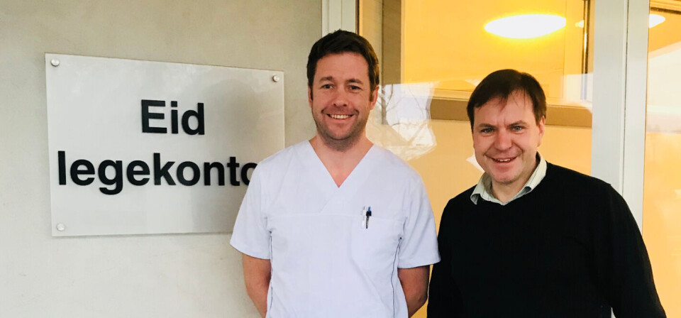 EID BLIR TESTKOMMUNE: Kommunelege i Eid, Thomas Vingen Vedeld (t.v.) og ordfører Alfred Bjørlo får teste ut primærhelseteam. Foto: Privat EID BLIR TESTKOMMUNE: Kommunelege i Eid, Thomas Vingen Vedeld (t.v.) og ordfører Alfred Bjørlo får teste ut primærhelseteam. Foto: Privat