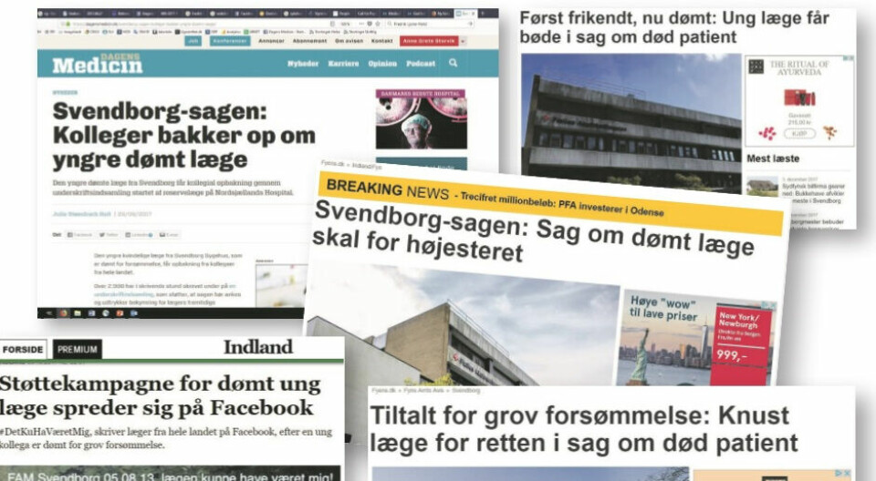 Faksimiler fra danske nettavsier om Svendborg-saken. Saken har fått stor medieoppmerksomhet i Danmark. Foto: