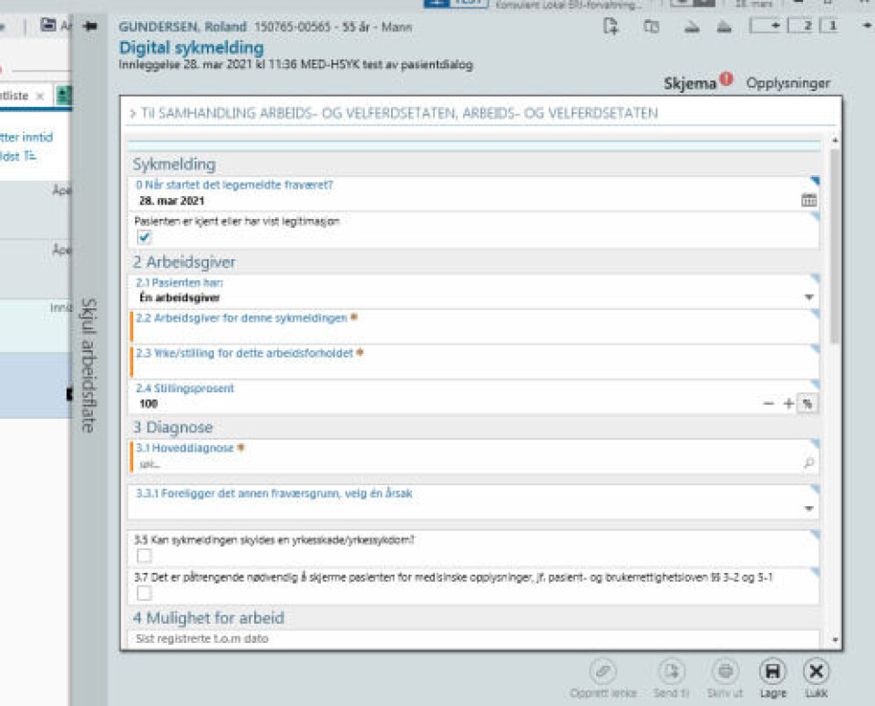 SYKEMELDING: Slik vil den digitale sykemeldingen se ut fra sykehusets digitale systemer. Illustrasjonsbilde av testdata fra nasjonal testpasient: NAV