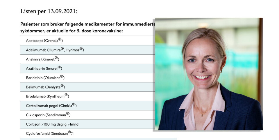 TREDJE DOSE: – Denne oversikten over sykdommer og medisiner skal bidra til å raskt gi befolkningen informasjon om de er blant dem som anbefales å ta en 3. dose med koronavaksine, sier overlege Sara Viksmoen Watle ved Folkehelseinstituttet. Foto: Trygve Indrelid, NTB kommunikasjon og skjermdump TREDJE DOSE: – Denne oversikten over sykdommer og medisiner skal bidra til å raskt gi befolkningen informasjon om de er blant dem som anbefales å ta en 3. dose med koronavaksine, sier overlege Sara Viksmoen Watle ved Folkehelseinstituttet. Foto: Trygve Indrelid, NTB kommunikasjon og skjermdump