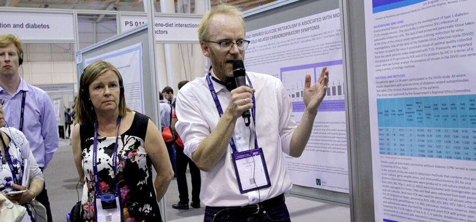 FANT VIRUS I VEVSPRØVER: Barnelege og forsker Lars Krogvold presenterte data som tyder på at det er en sammenheng mellom enterovirus i bukspyttkjertelen og type 1-diabetes under EASD 2017. Foto: Øyvind Bosnes Engen