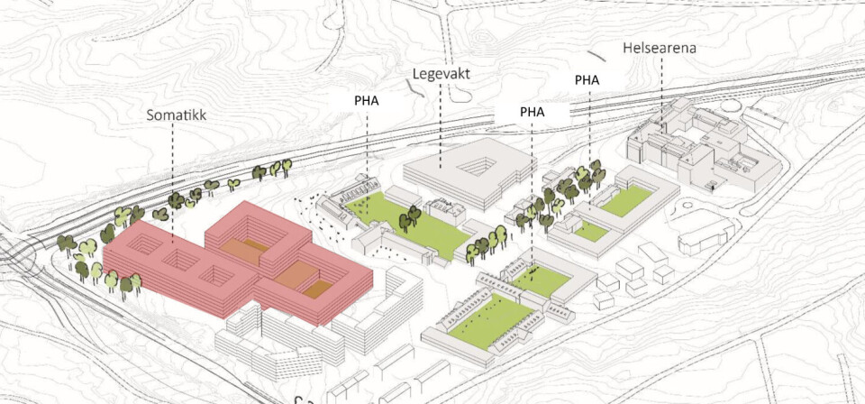 NYTT LOKALSYKEHUS: Somatisk lokalsykehus lengst sør på Aker-tomta foreslås som en mulig første etappe dersom man går for samling på Gaustad kombinert med lokalsykehus i Oslo Øst eller Sør.
Psykisk helse og avhengighetsbehandling (PHA) kommer i så fall inn i senere etapper. Foto: OUS