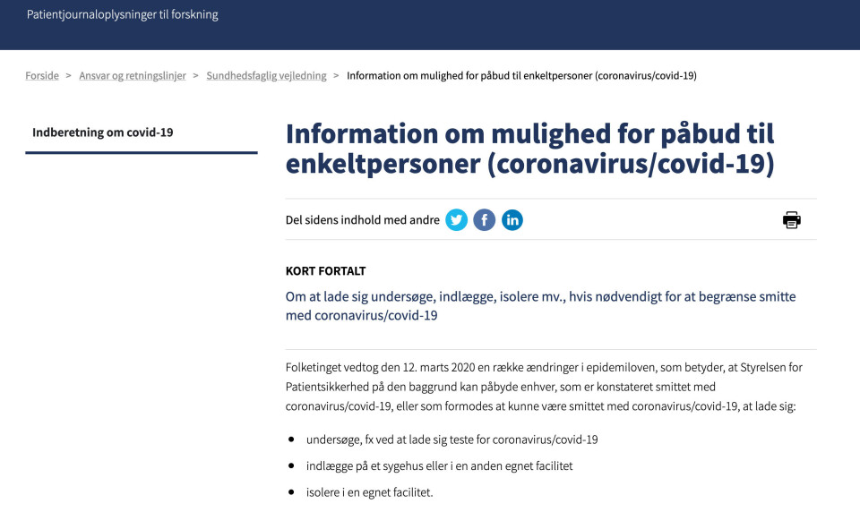 Skjermdump fra Styrelsen for Pasientsikkerhed Foto: